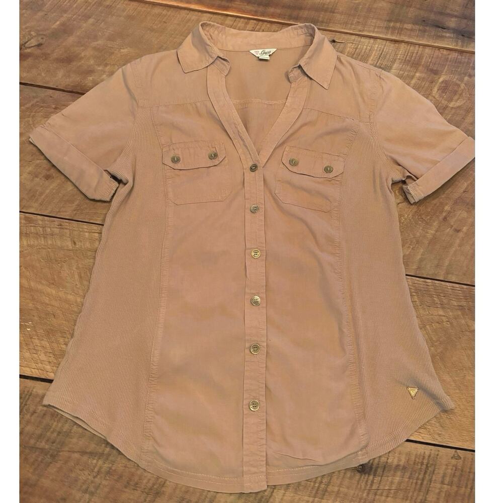 GUESS Women’s Tan Button Down V Neckline Shirt — SIZE S - Picture 9 of 9